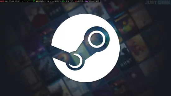 Logo Steam avec le moniteur de performance affiché en jeu (FPS, CPU, GPU, RAM)
