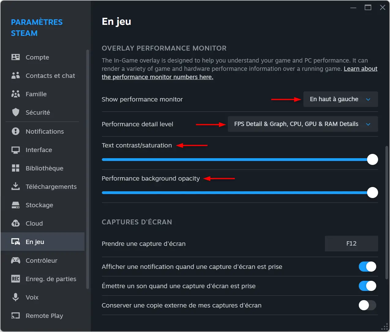 Réglages du moniteur de performance dans les paramètres « En jeu » de Steam
