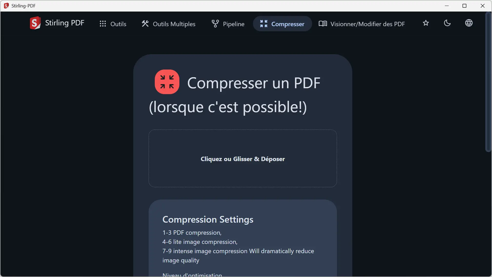 Interface de compression de PDF dans Stirling PDF avec réglage de qualité