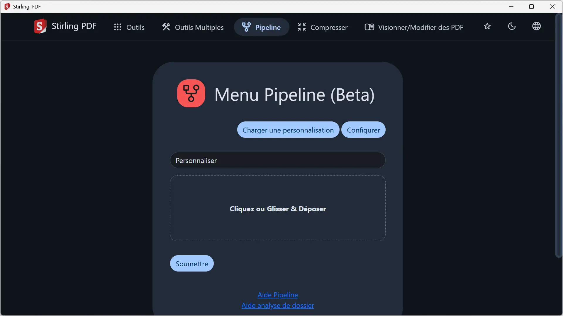 Interface du menu Pipeline dans Stirling PDF avec options de personnalisation