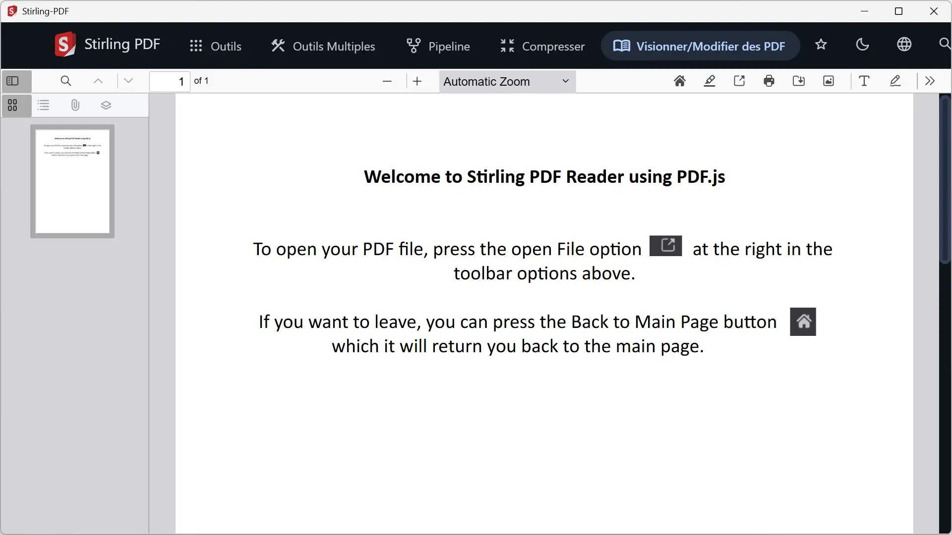 Interface de lecture de PDF dans Stirling PDF