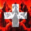Illustration symbolique d’une menace sur la vie privée en Suisse, avec des silhouettes encapuchonnées et la croix suisse en arrière-plan