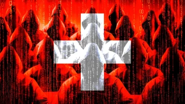 Illustration symbolique d’une menace sur la vie privée en Suisse, avec des silhouettes encapuchonnées et la croix suisse en arrière-plan