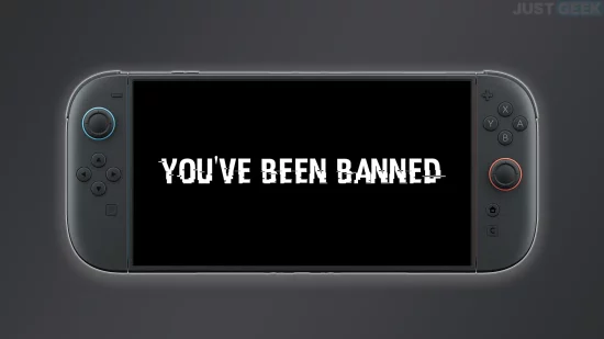 Écran stylisé sur une Switch 2 avec le message "You've been banned", illustrant un bannissement par Nintendo
