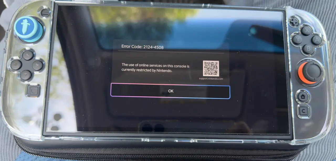 Message d’erreur 2124-4508 sur la Switch 2 indiquant une restriction des services en ligne par Nintendo
