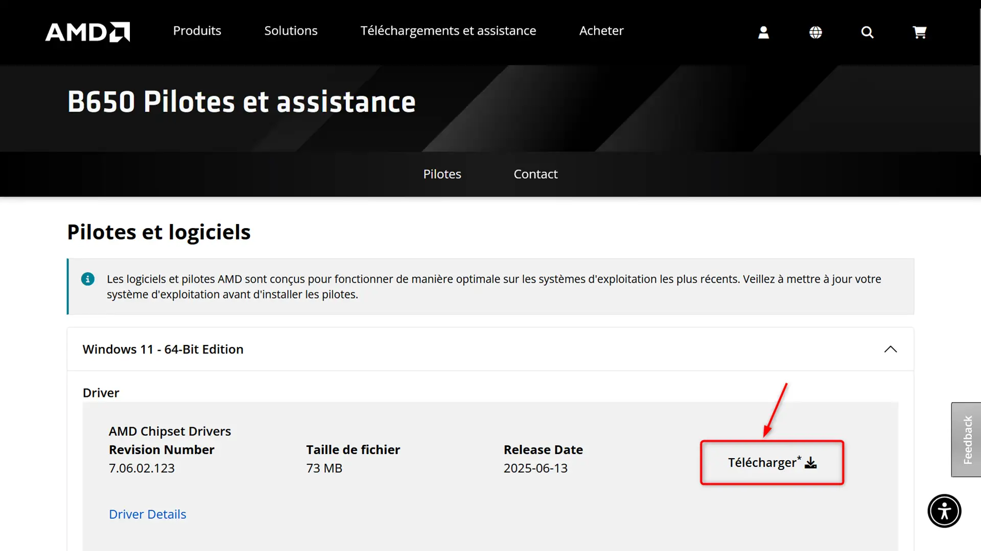 Page de téléchargement du pilote chipset AMD pour carte mère B650 sous Windows 11