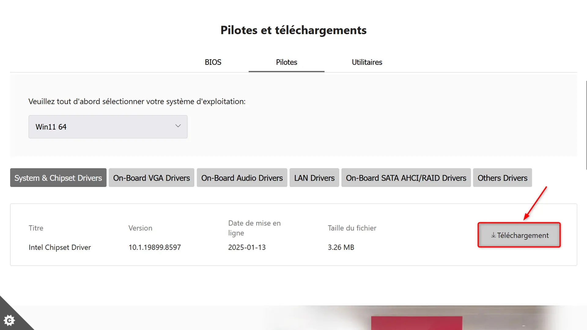 Page de téléchargement du pilote chipset Intel sur le site MSI
