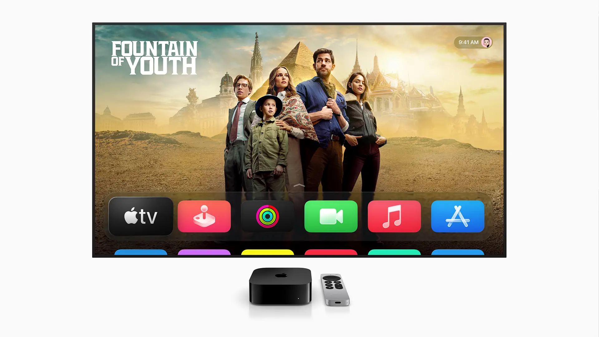Nouvelle interface de tvOS 18 affichée sur Apple TV avec la série « Fountain of Youth »