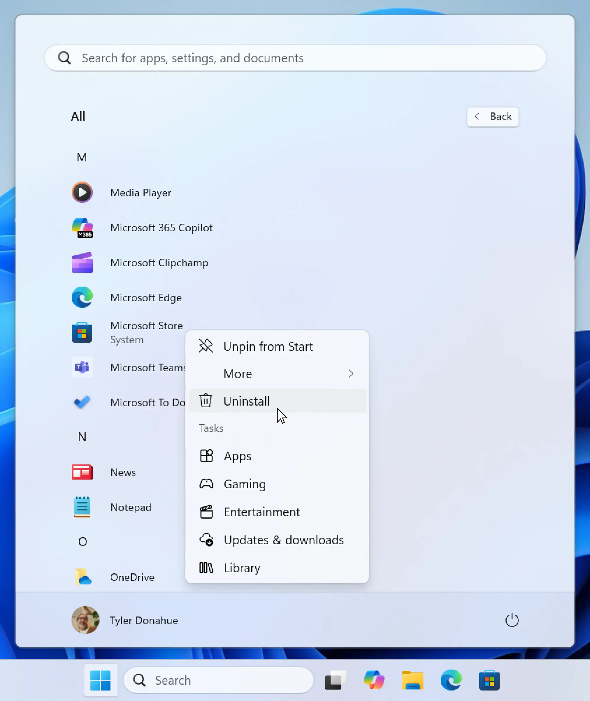 Menu Démarrer de Windows avec l’option de désinstallation du Microsoft Store