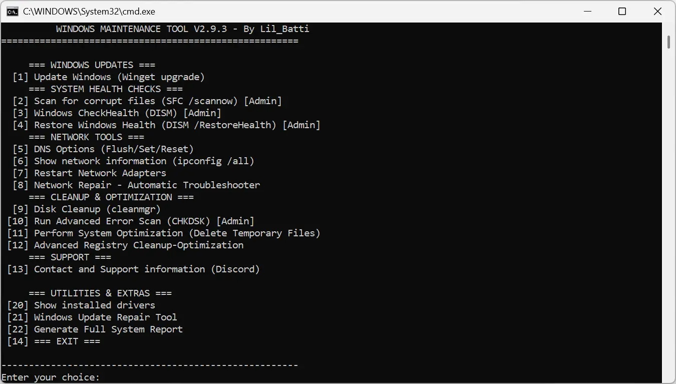 Menu principal du Windows Maintenance Tool avec toutes les options de maintenance disponibles