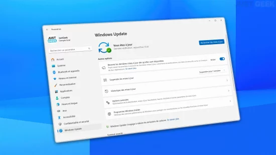Fenêtre des paramètres de Windows Update indiquant que le système est à jour, avec l'interface de Windows 11 en arrière-plan