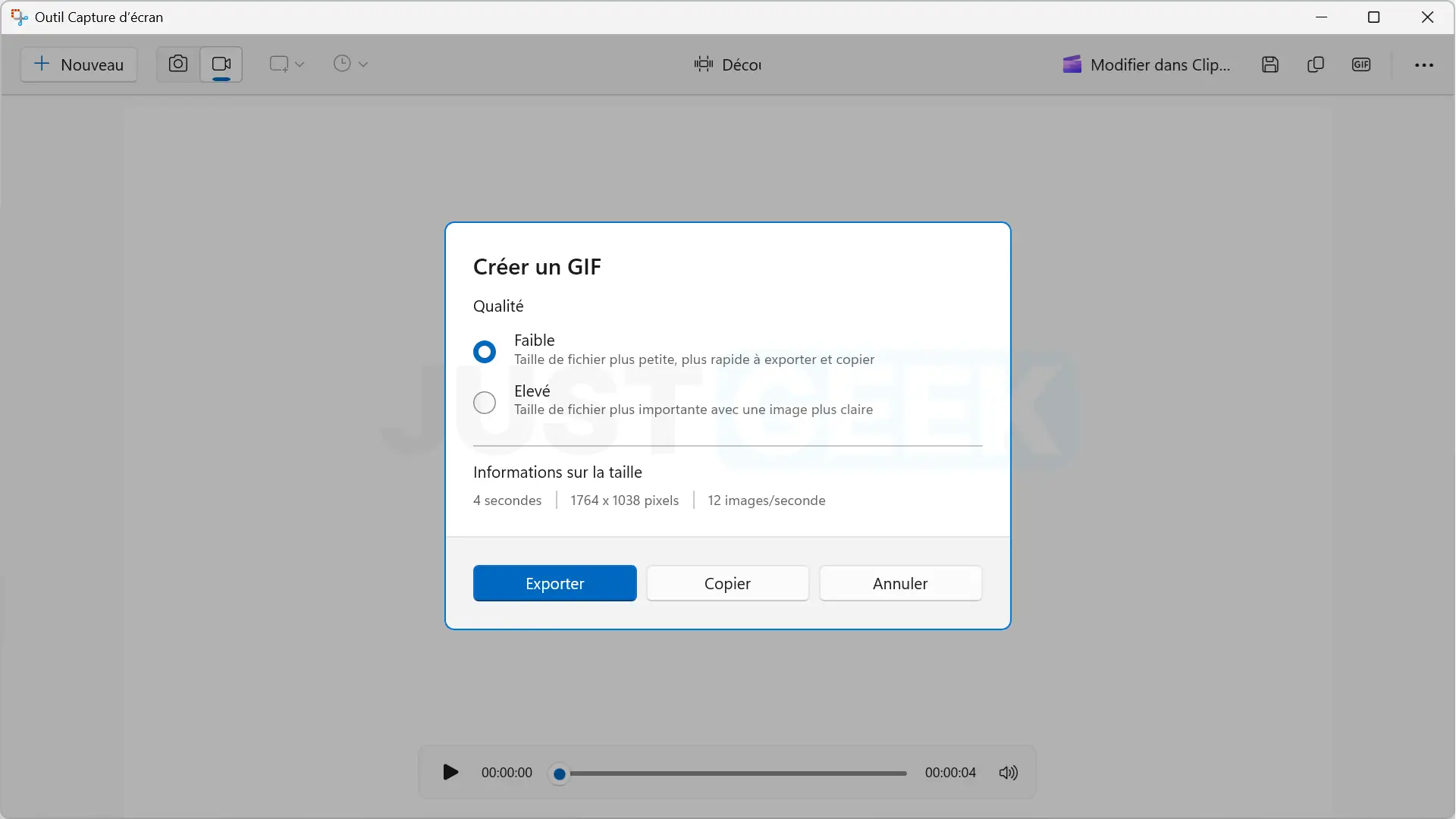 Choix de la qualité du GIF après un enregistrement avec l’Outil Capture d’écran de Windows 11