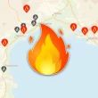 Carte des incendies en cours dans le sud de la France avec pictogrammes de feux actifs, sur fond de carte Feux de Forêt