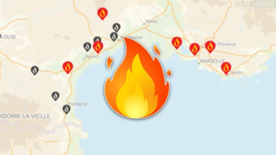 Carte des incendies en cours dans le sud de la France avec pictogrammes de feux actifs, sur fond de carte Feux de Forêt