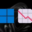 Illustration représentant la baisse du nombre d’utilisateurs Windows, avec le logo Windows et une courbe descendante sur fond noir