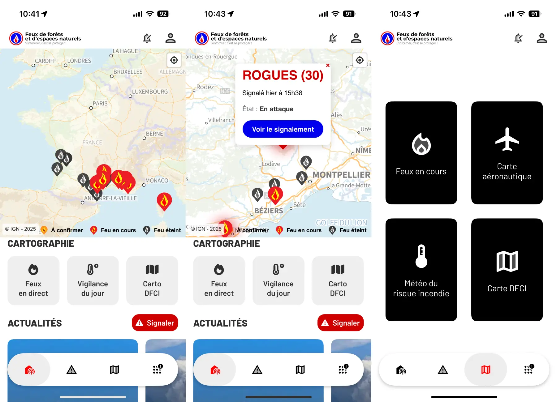 Interface de l’application Feux de Forêt montrant la carte des incendies en cours, les niveaux de vigilance, et les options de signalement en temps réel