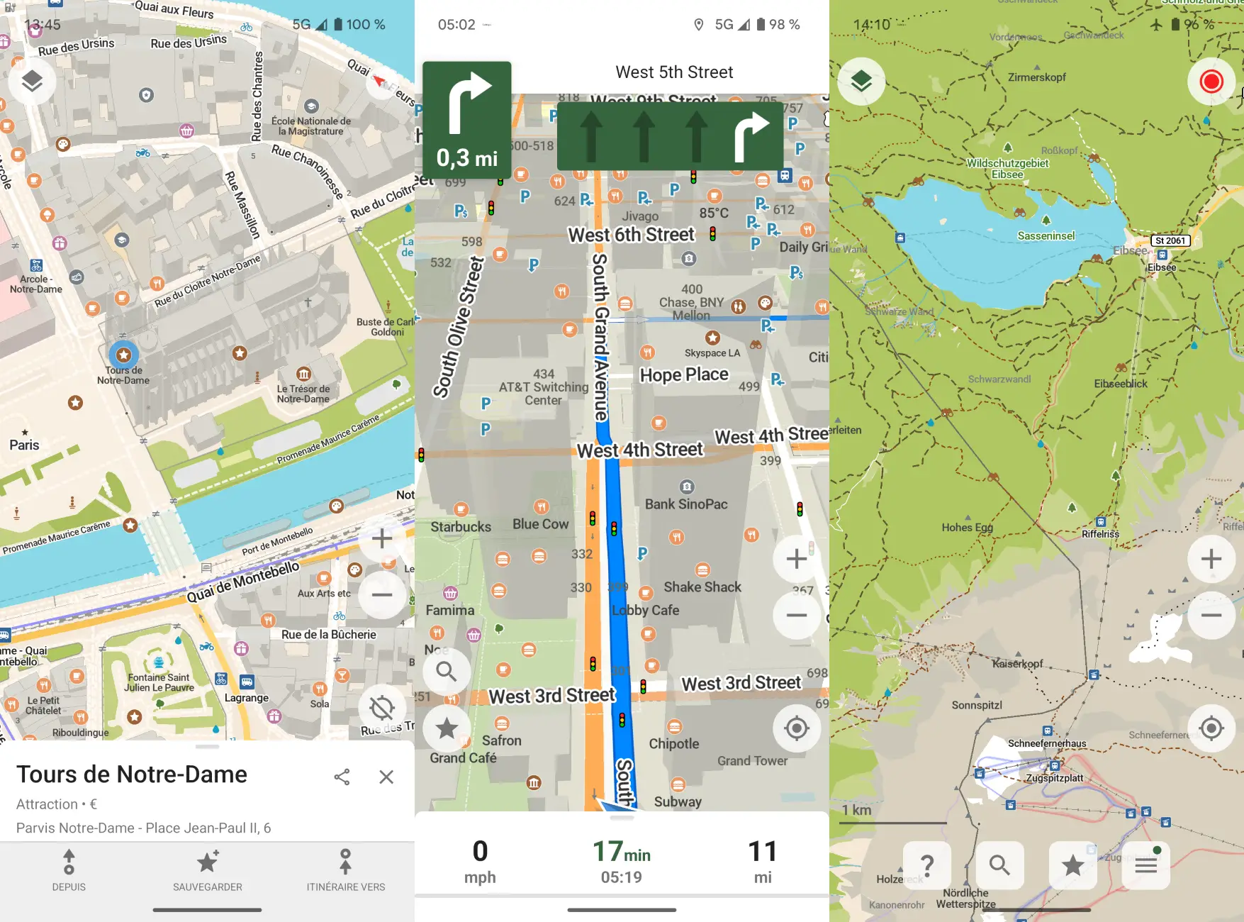 Aperçu de l'application CoMaps avec des cartes détaillées, un guidage GPS et un affichage en mode rando