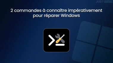 Image de couverture avec le titre « 2 commandes à connaître impérativement pour réparer Windows » sur fond bleu avec logo Windows