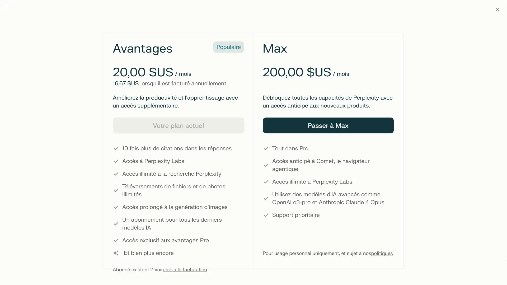 Comparatif entre les abonnements Perplexity Pro à 20 dollars et Max à 200 dollars avec les fonctionnalités incluses
