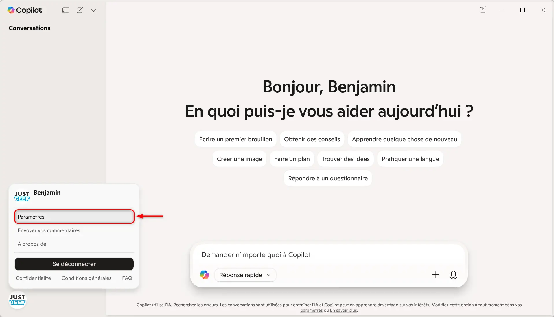 Ouverture des paramètres dans l'application Copilot sur Windows