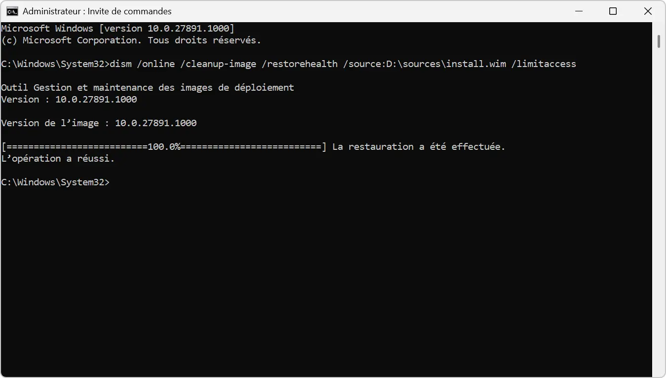 Commande DISM restorehealth terminée avec succès sur Windows avec une source locale