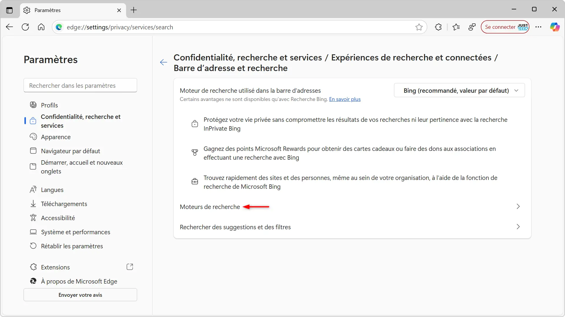Gestion des moteurs de recherche dans Microsoft Edge
