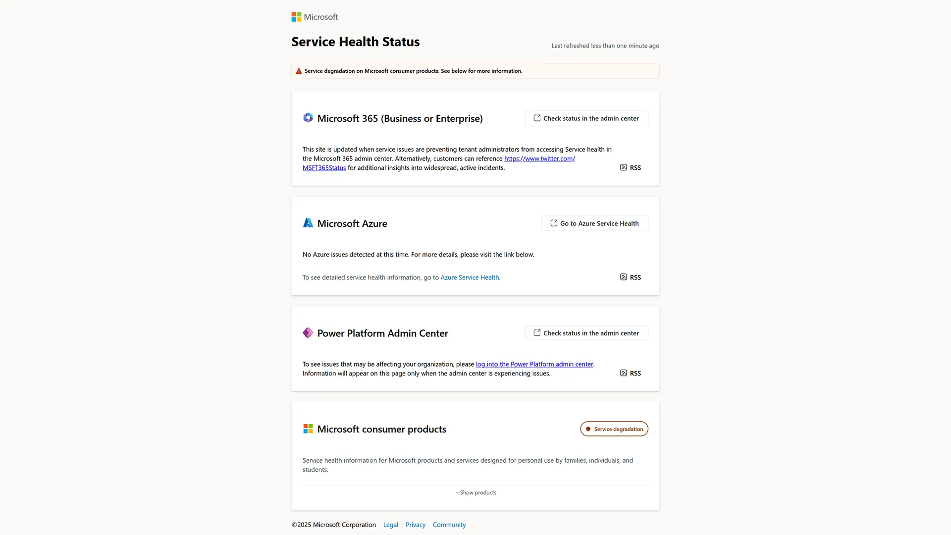 Tableau de bord de l'état des services Microsoft 365, Azure, Power Platform et produits grand public