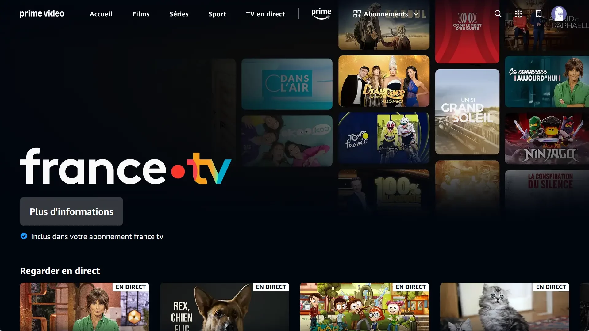 Interface Prime Video avec les chaînes et contenus France Télévisions accessibles en direct