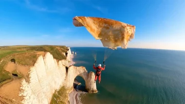 Parapente au-dessus des falaises avec une voile remplacée par une crêpe – image générée par IA dans le style de Veo 3