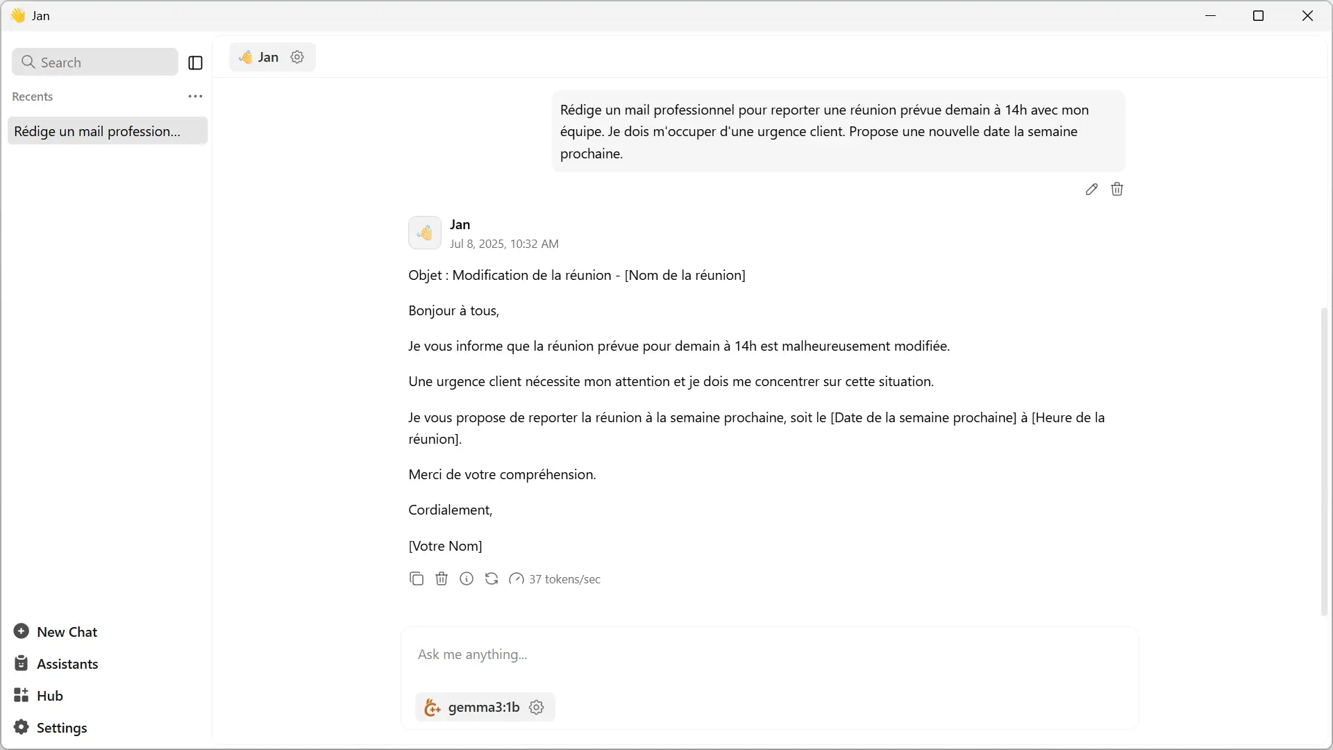 Exemple de discussion avec Jan et le modèle Gemma 3