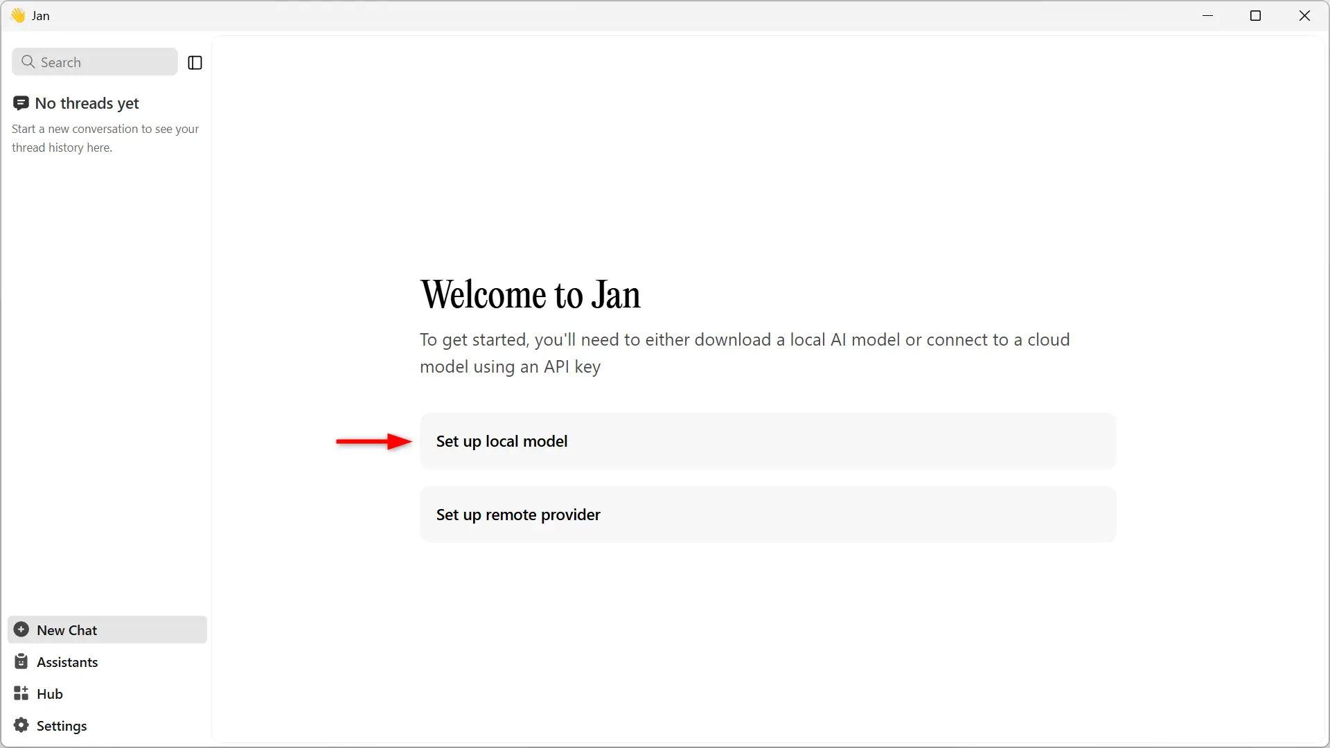 Écran de bienvenue de Jan avec les options Set up local model et Set up remote provider