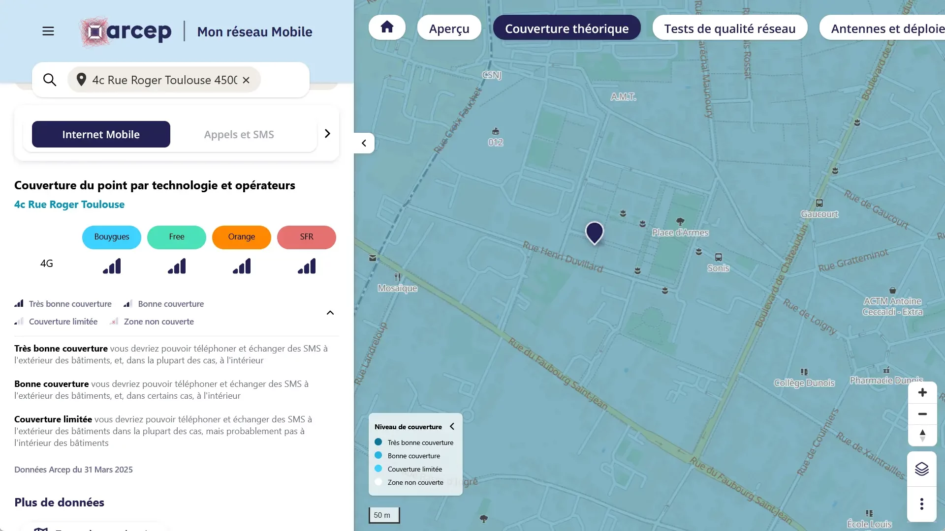 Capture du site Mon réseau mobile montrant les tests de qualité de service de l’Arcep avec filtres par opérateur