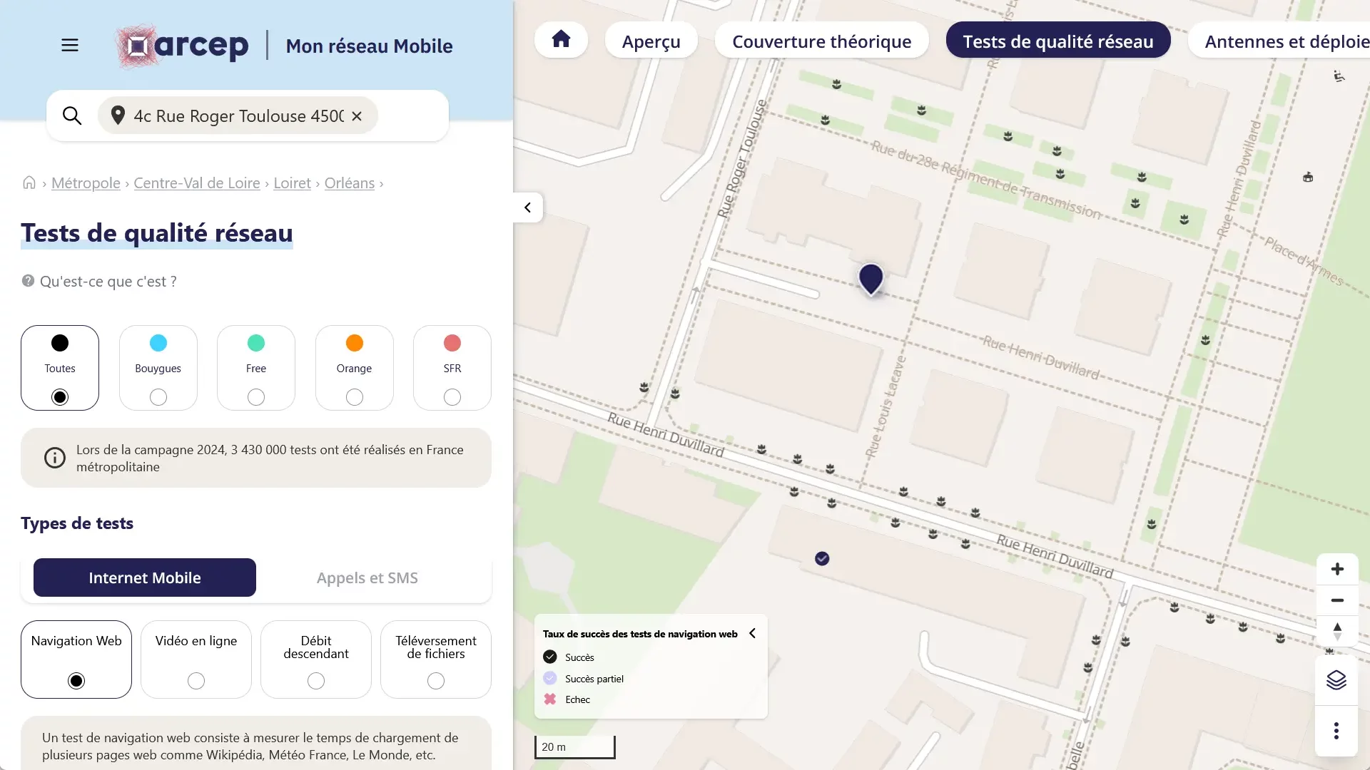 Carte de couverture 4G par opérateur sur le site Mon réseau mobile, avec les niveaux de signal affichés