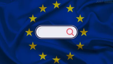 Illustration représentant les moteurs de recherche européens comme alternatives à Google et Bing sur fond du drapeau de l'Union européenne