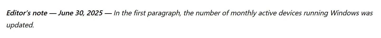 Capture d’écran de la note de l’éditeur ajoutée par Microsoft le 30 juin 2025, indiquant la mise à jour du nombre d’appareils actifs sous Windows