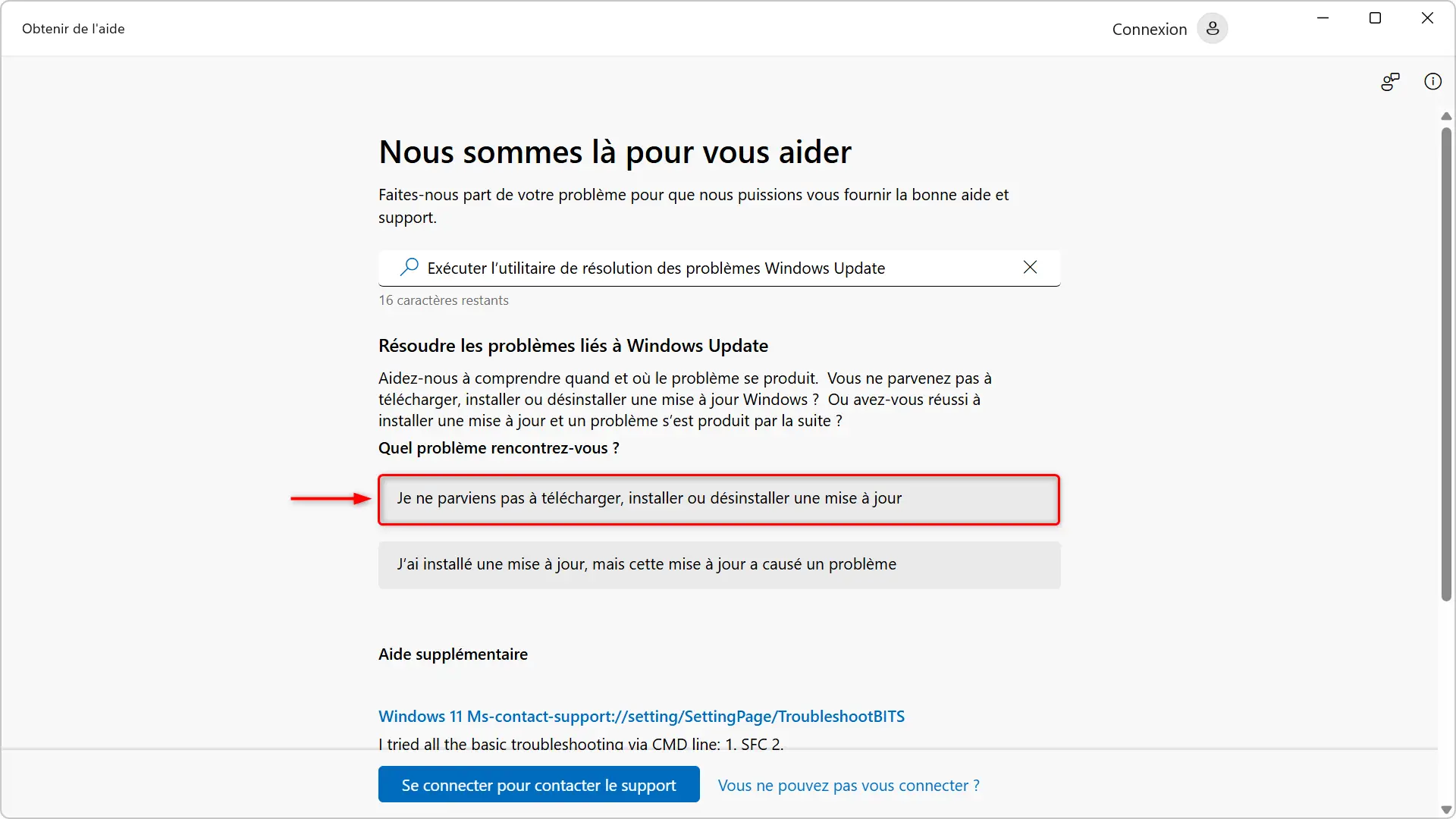 Sélection du problème de mise à jour dans l’assistant « Obtenir de l’aide »