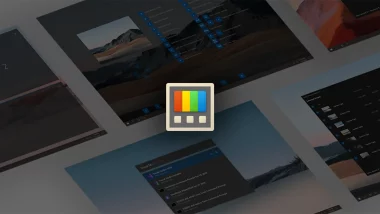 Logo de Microsoft PowerToys avec aperçu des modules sur fond sombre