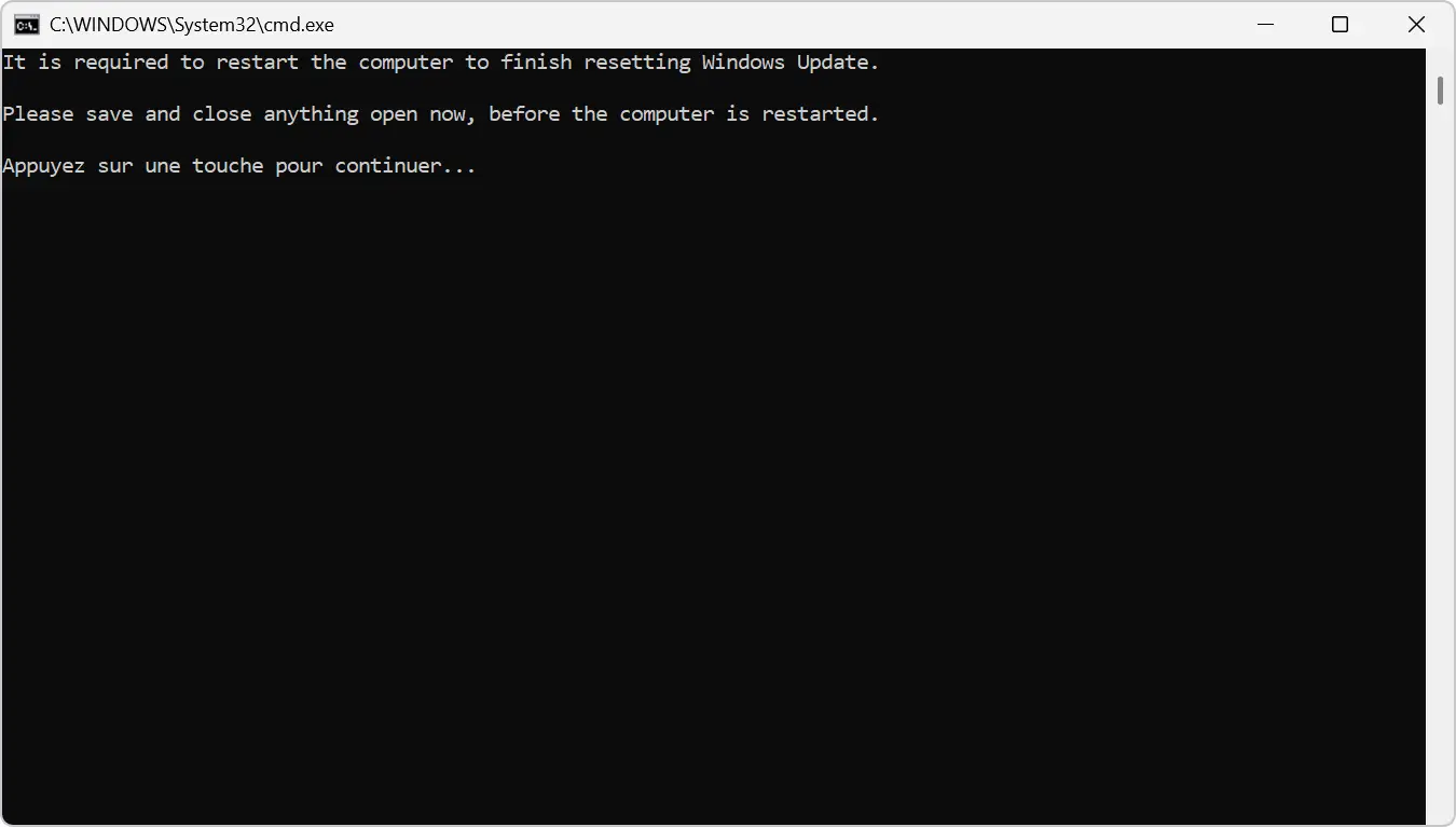 Message demandant de redémarrer l’ordinateur pour finaliser la réinitialisation de Windows Update