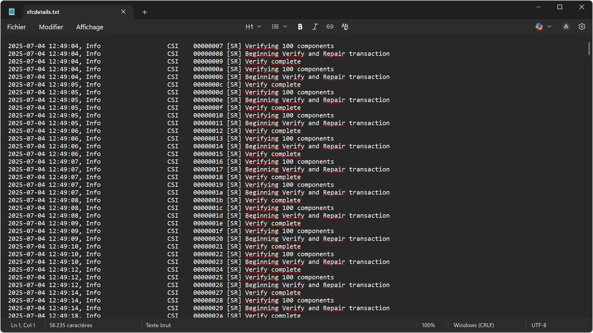 Contenu du fichier sfcdetails.txt généré après l’analyse SFC sur Windows