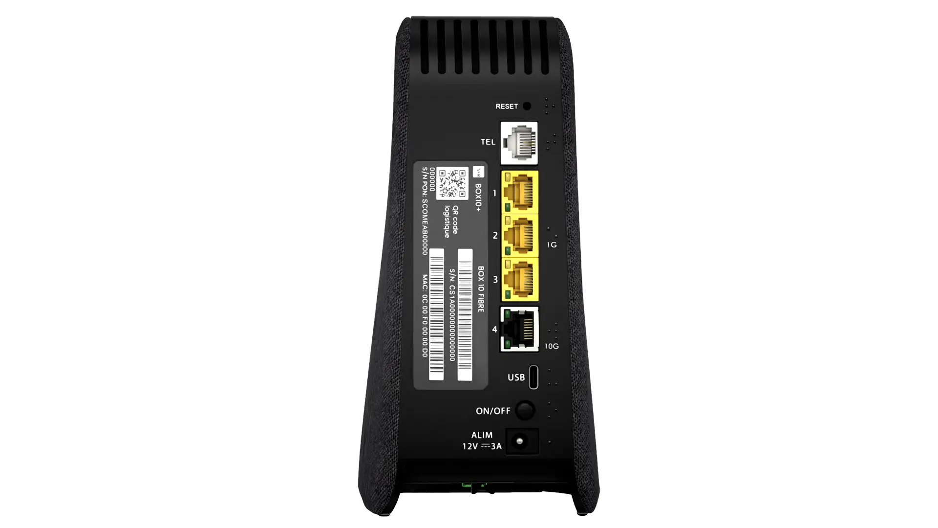 Connectique arrière de la Box 10+ avec ports Ethernet 1G et 10G, port USB et bouton on/off