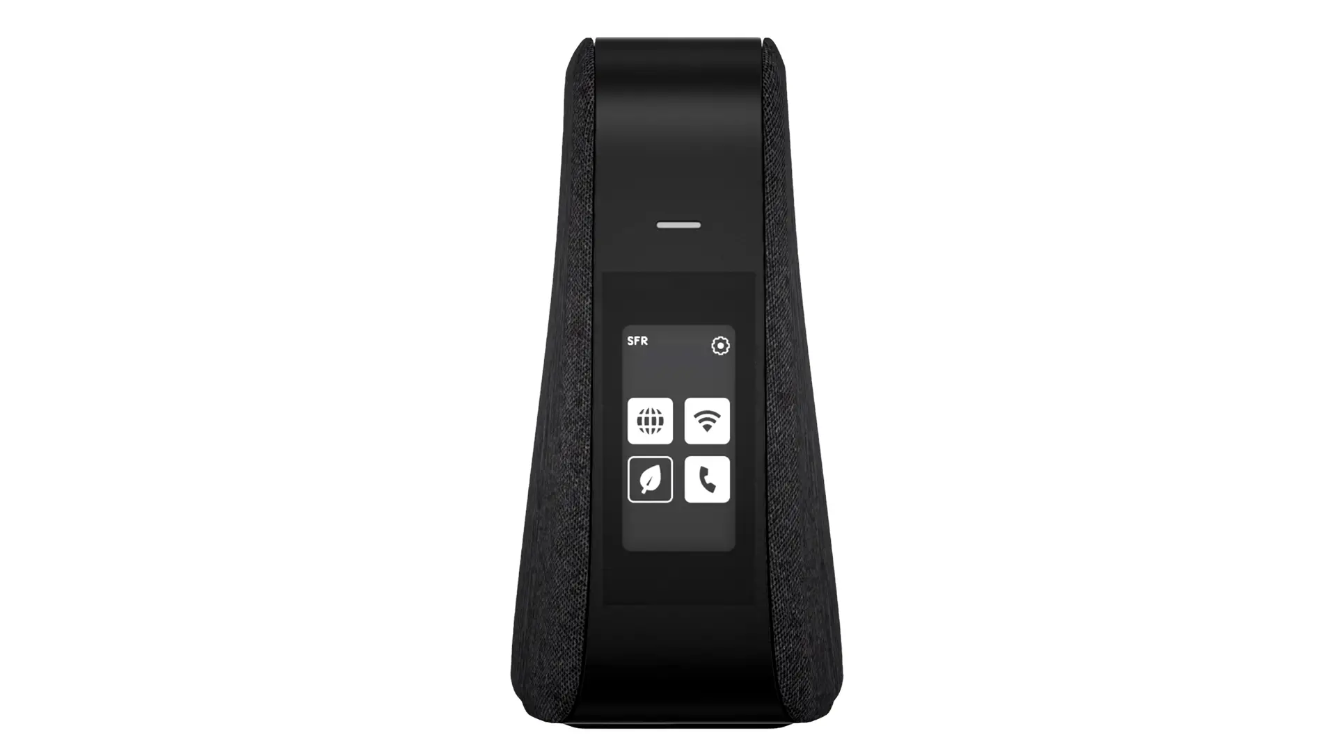 Vue de face de la Box 10+ de SFR avec son écran tactile E-Ink et ses icônes visibles