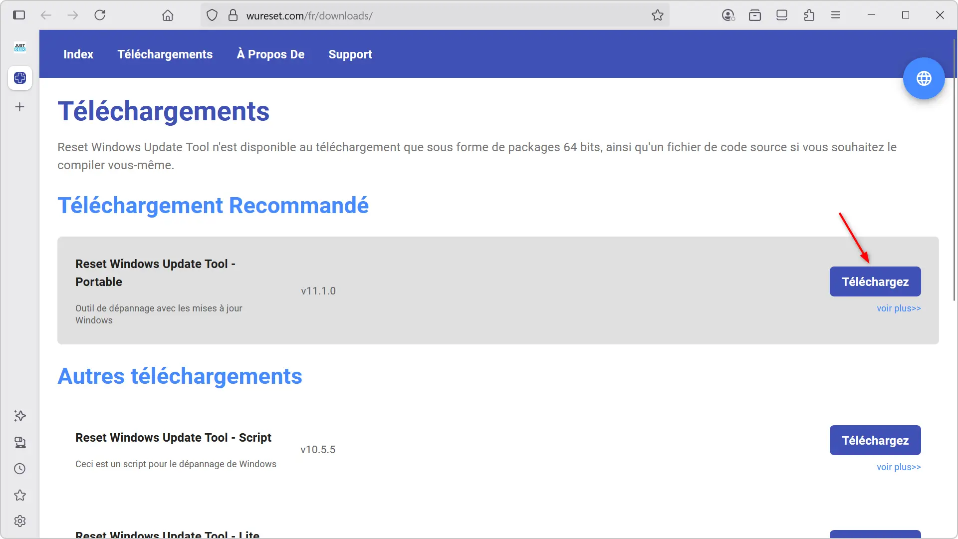Page de téléchargement officielle de Reset Windows Update Tool avec le bouton Téléchargez