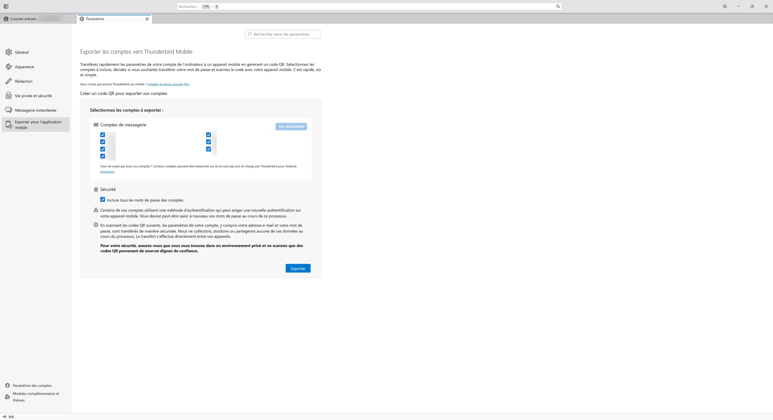 Fonction d’export des comptes vers Thunderbird Mobile avec QR code dans la version 140