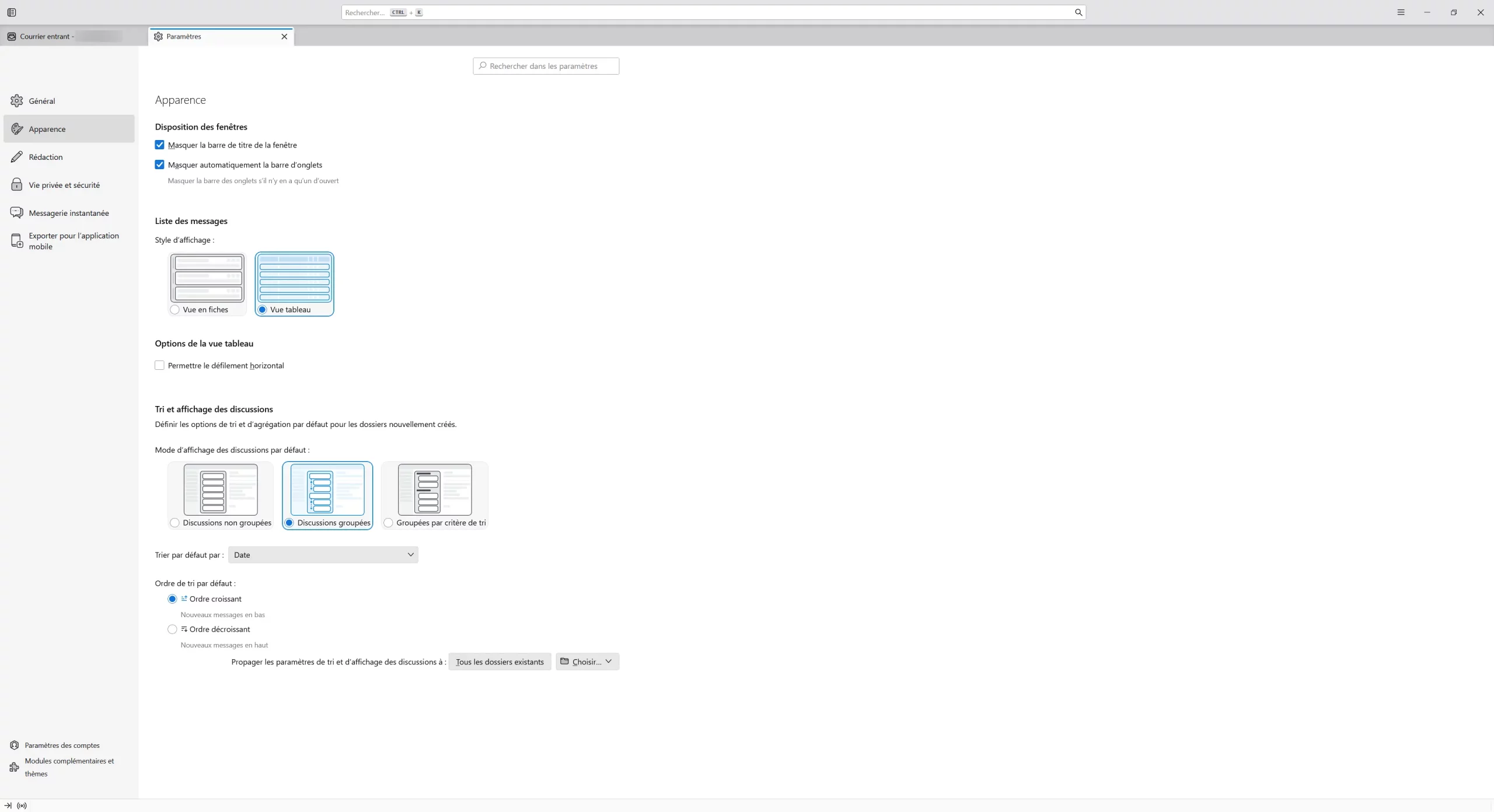 Réglages de l'apparence dans Thunderbird 140 : disposition, style de messages, tri et affichage des discussions