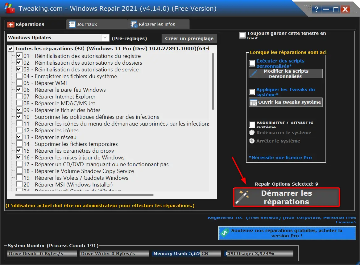 Liste des réparations sélectionnées dans Tweaking.com Windows Repair avec le bouton Démarrer les réparations