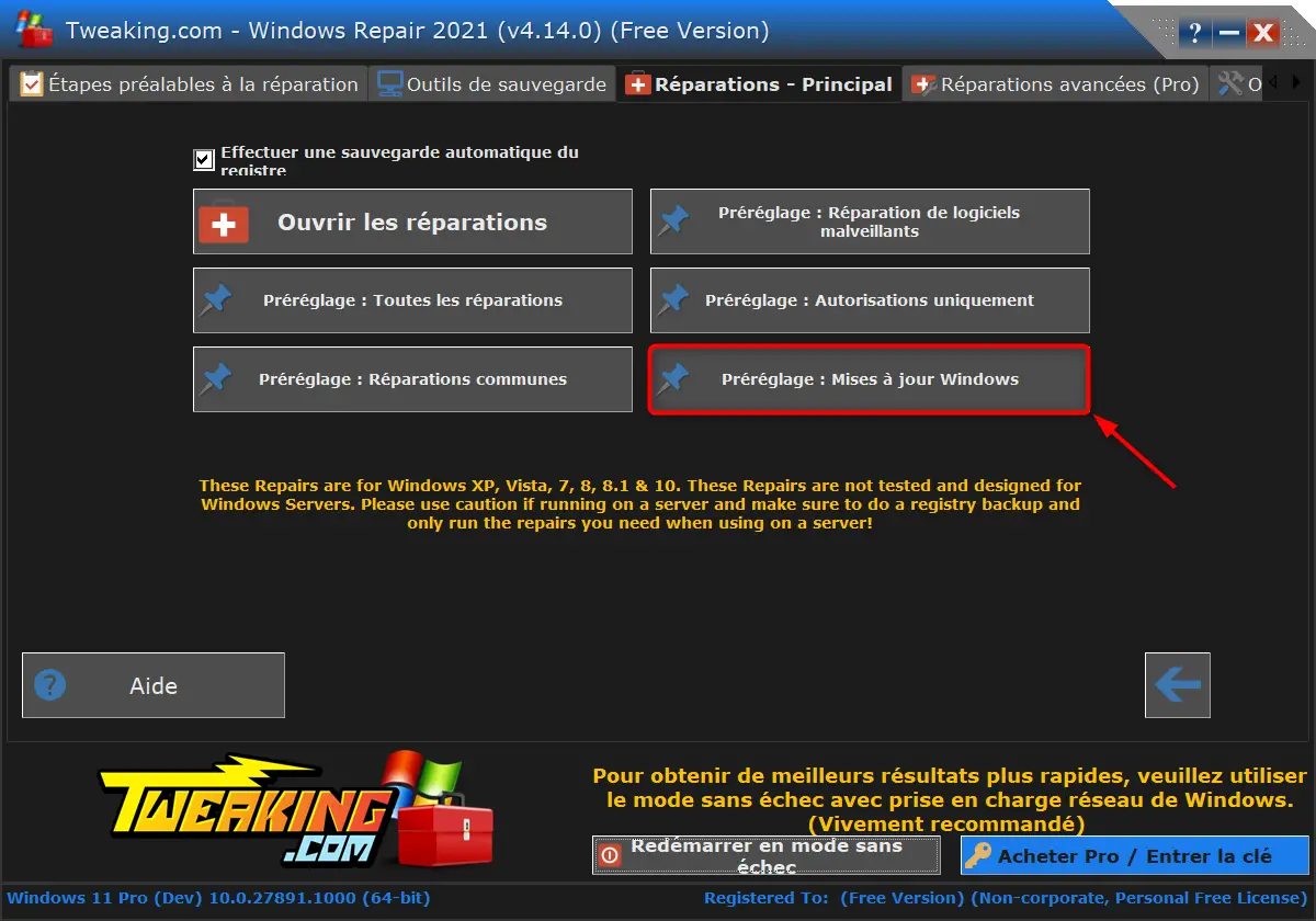 Interface de Tweaking.com Windows Repair avec le préréglage Mises à jour Windows sélectionné