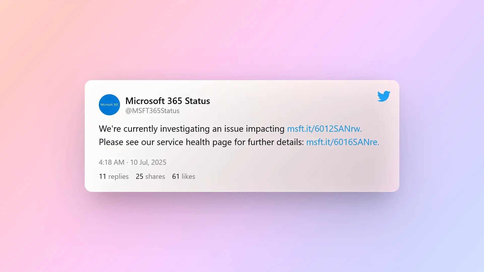 Message publié sur X par @MSFT365Status concernant une panne Outlook le 10 juillet 2025