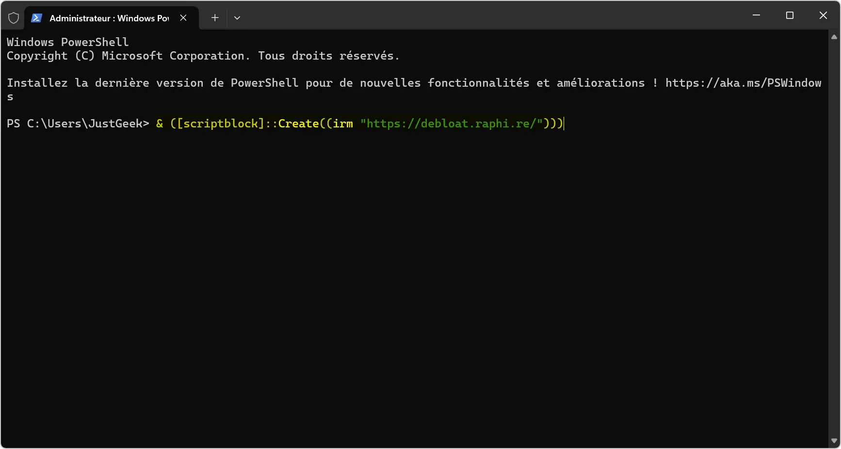 Lancement du script Win11Debloat depuis PowerShell avec la commande rapide.