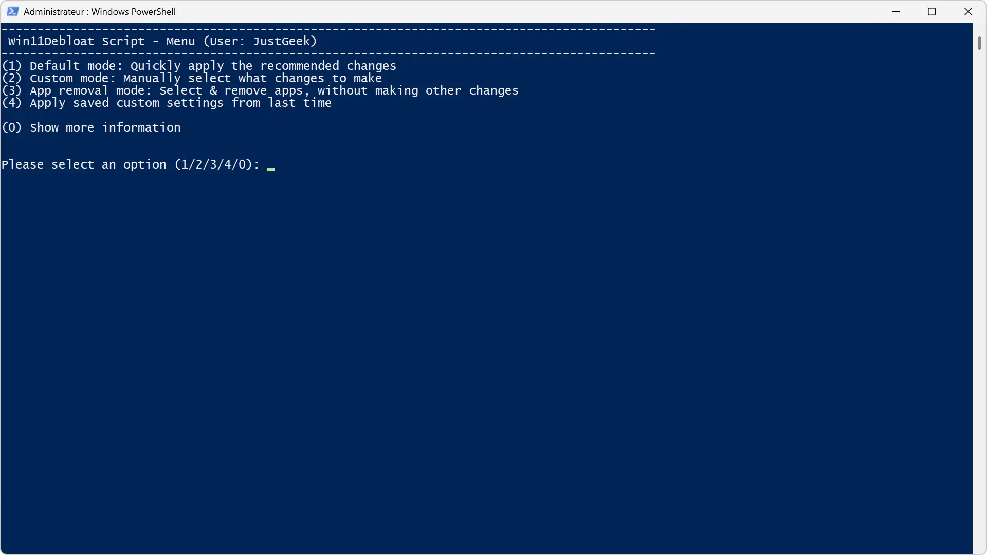 Menu principal du script Win11Debloat affichant les différents modes disponibles.