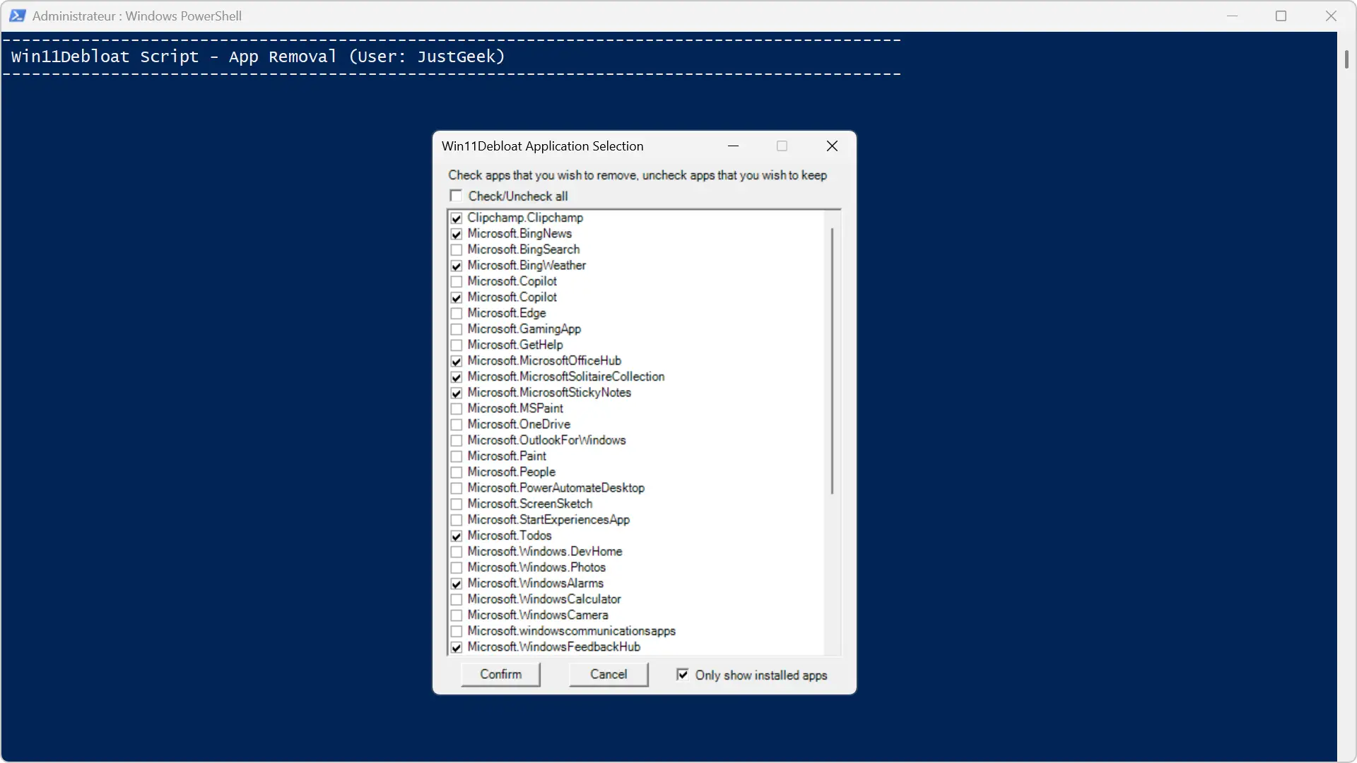Fenêtre de sélection des applications à désinstaller avec Win11Debloat.